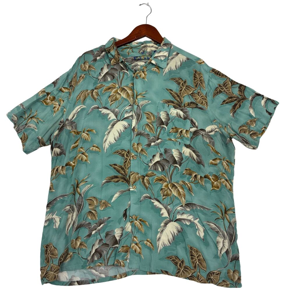 Campia Moda Mens XXL Hawaiian Shirt 100% Rayon Teal Tropical Floral Aloha